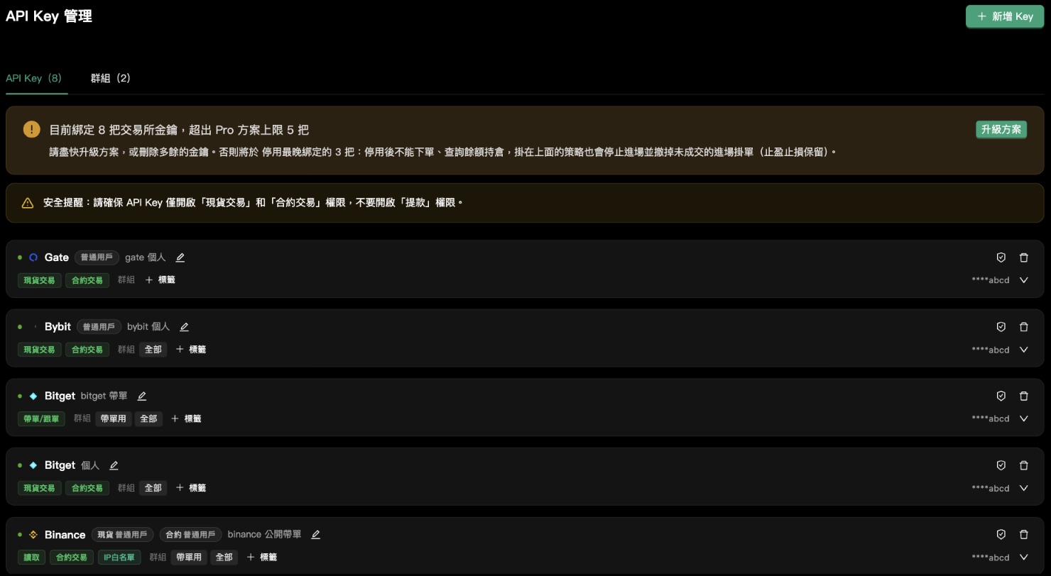 「交易所金鑰」:管理你的交易所連線